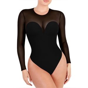 Popilush Sheer Mesh Shapewear Long Sleeve Thong Bodysuit